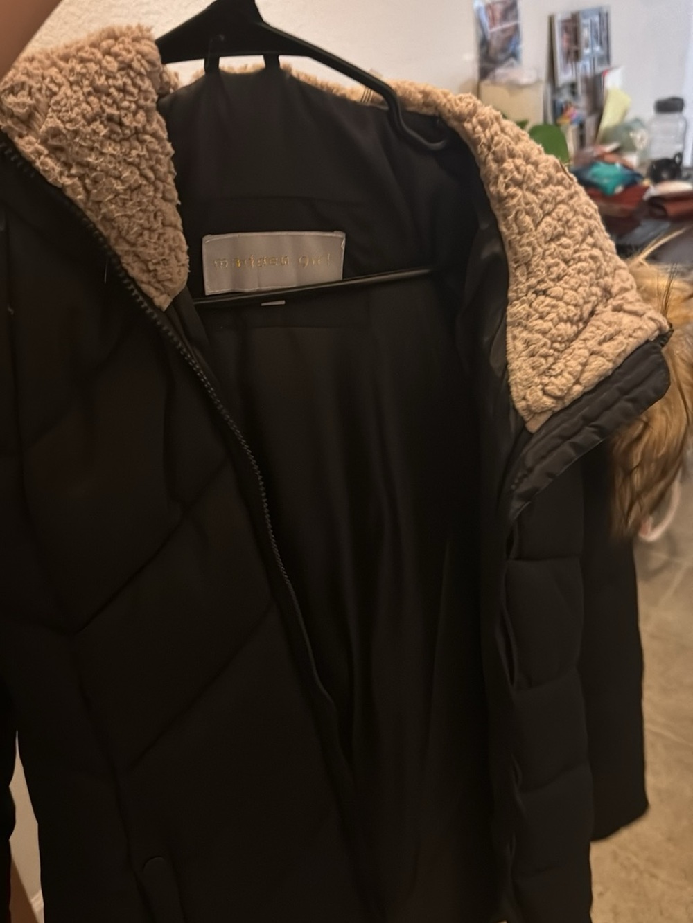 Madden Girl Black Puffer Coat with Cream Sherpa Hood